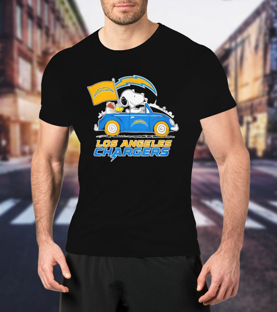 Los Angeles Chargers Snoopy Woodstock Driving Car Peanuts NFL Logo T-Shirt