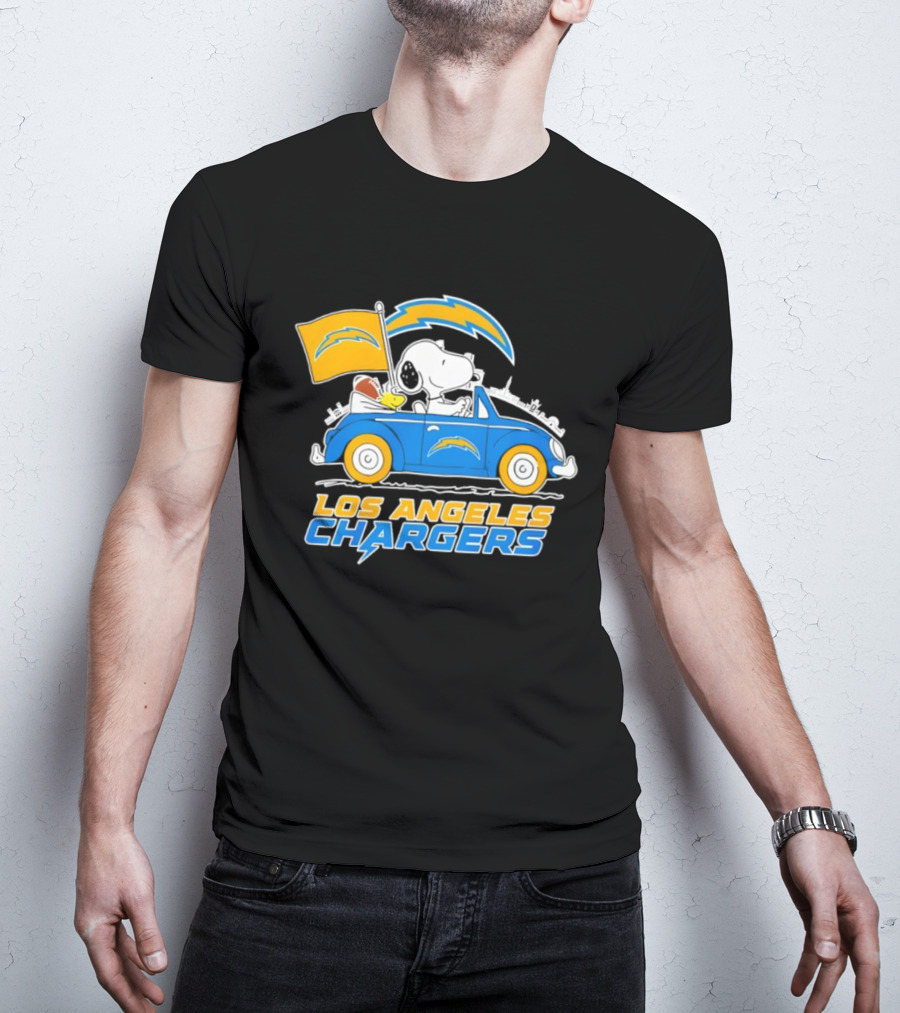 Los Angeles Chargers Snoopy Woodstock Driving Car Peanuts NFL Logo T-Shirt