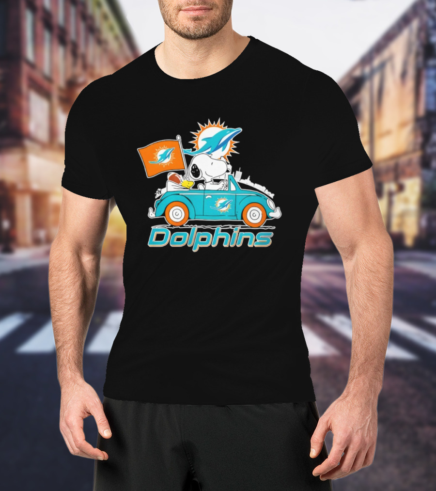 Miami Dolphins Snoopy Woodstock Driving With Flag And Logo T-Shirt