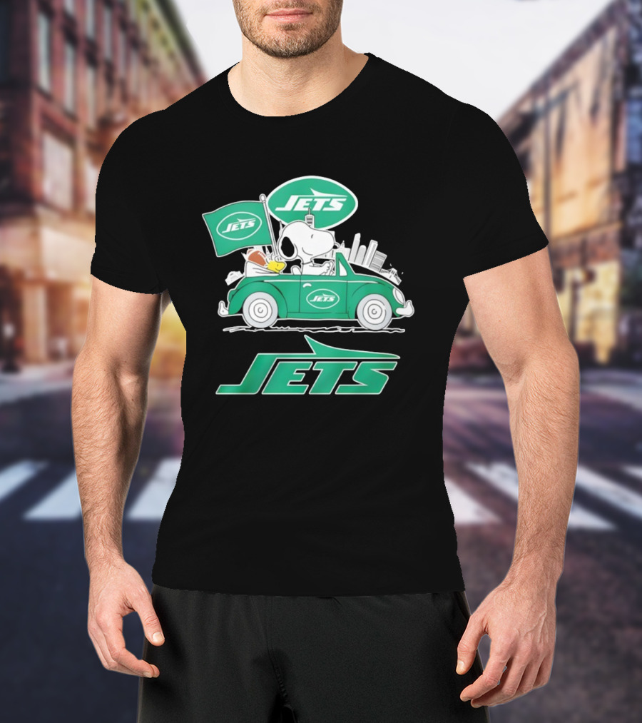 New York Jets Snoopy And Woodstock Driving City Adventure T-Shirt