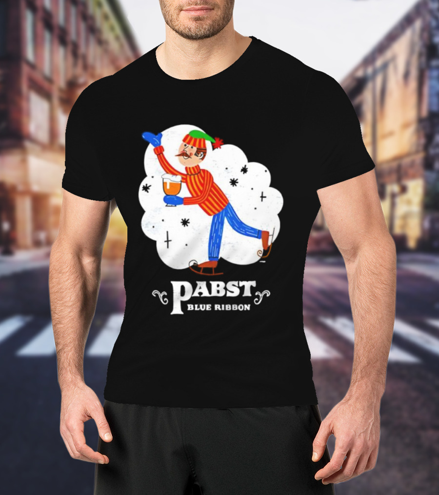Pabst Blue Ribbon Vintage Holiday Ice Skating Elf T-Shirt