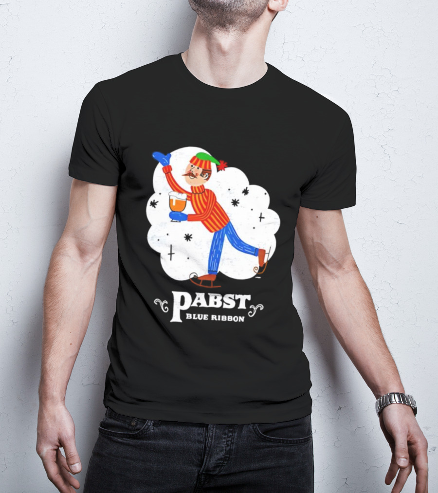 Pabst Blue Ribbon Vintage Holiday Ice Skating Elf T-Shirt