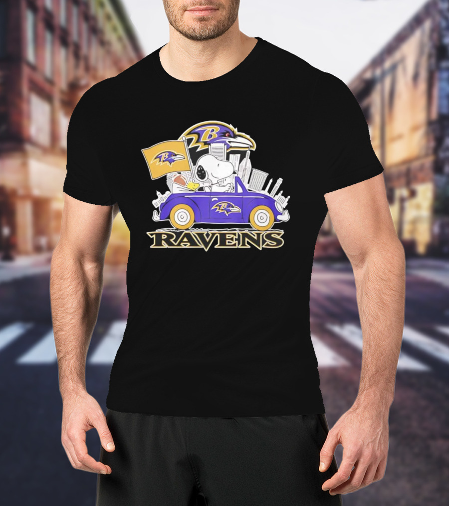 Snoopy Driving Baltimore Ravens Car Peanuts Collaboration With Flag And Raven Logo T-Shirt