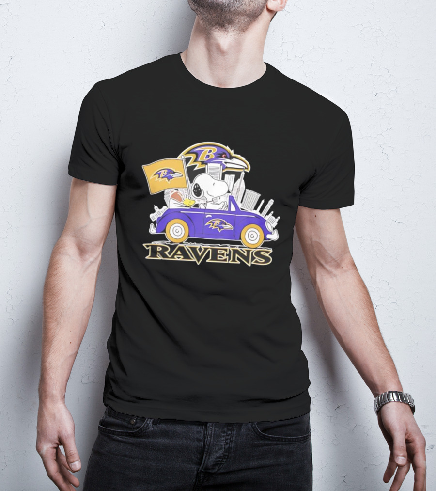 Snoopy Driving Baltimore Ravens Car Peanuts Collaboration With Flag And Raven Logo T-Shirt