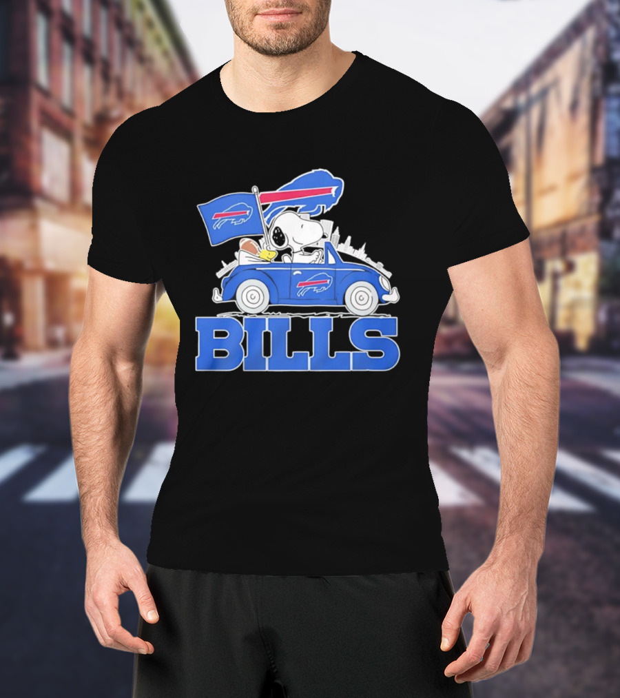 Peanuts Buffalo Bills Driving Car With Flag And Football T-Shirt