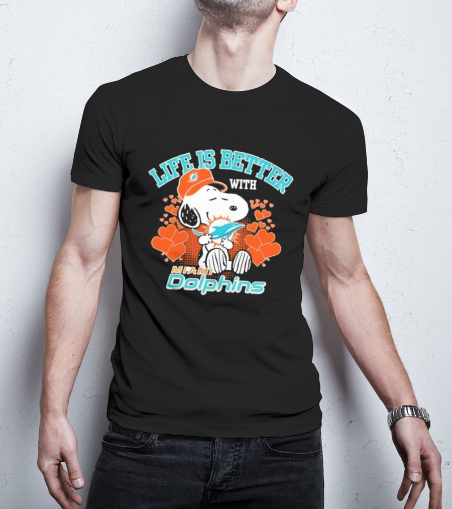 Snoopy Life Is Better With Miami Dolphins Hearts And Cap T-Shirt