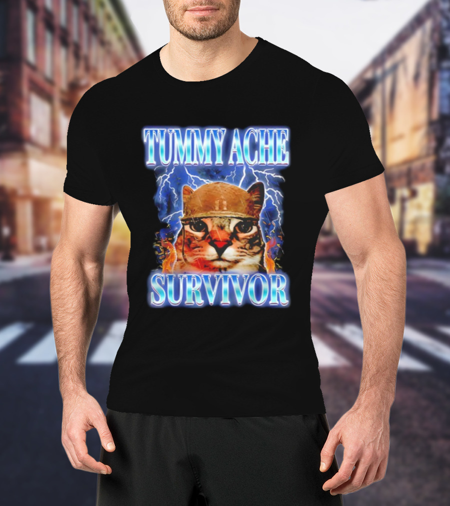 Tummy Ache Survivor Cat Meme Lightning Background T-Shirt
