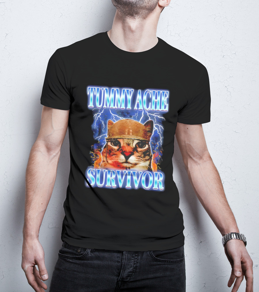 Tummy Ache Survivor Cat Meme Lightning Background T-Shirt