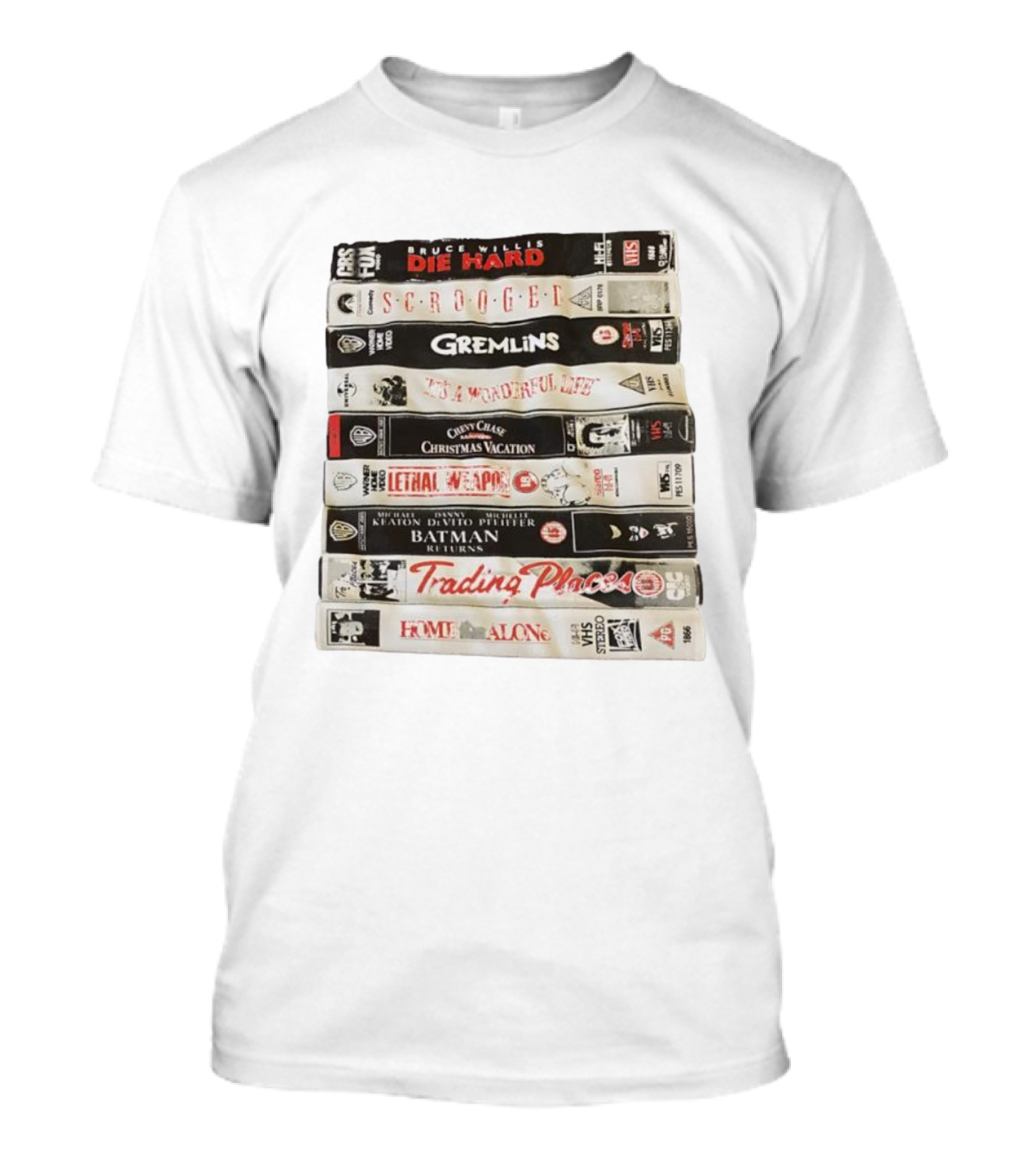 Die Hard Scrooged Gremlins Wonderful Life Christmas Vacation Lethal Weapon Batman Trading Places Home Alone VHS Stack T-Shirt