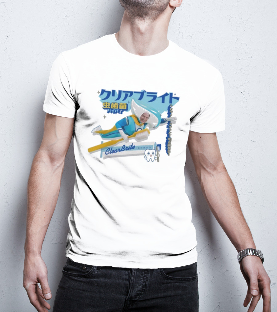 Clearbrite Toothpaste Flying Hero With Toothbrush And Japanese Text T-Shirt