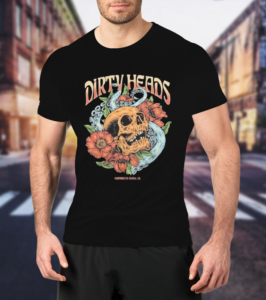 Dirty Heads Huntington Beach CA Skull Octopus Floral T-Shirt