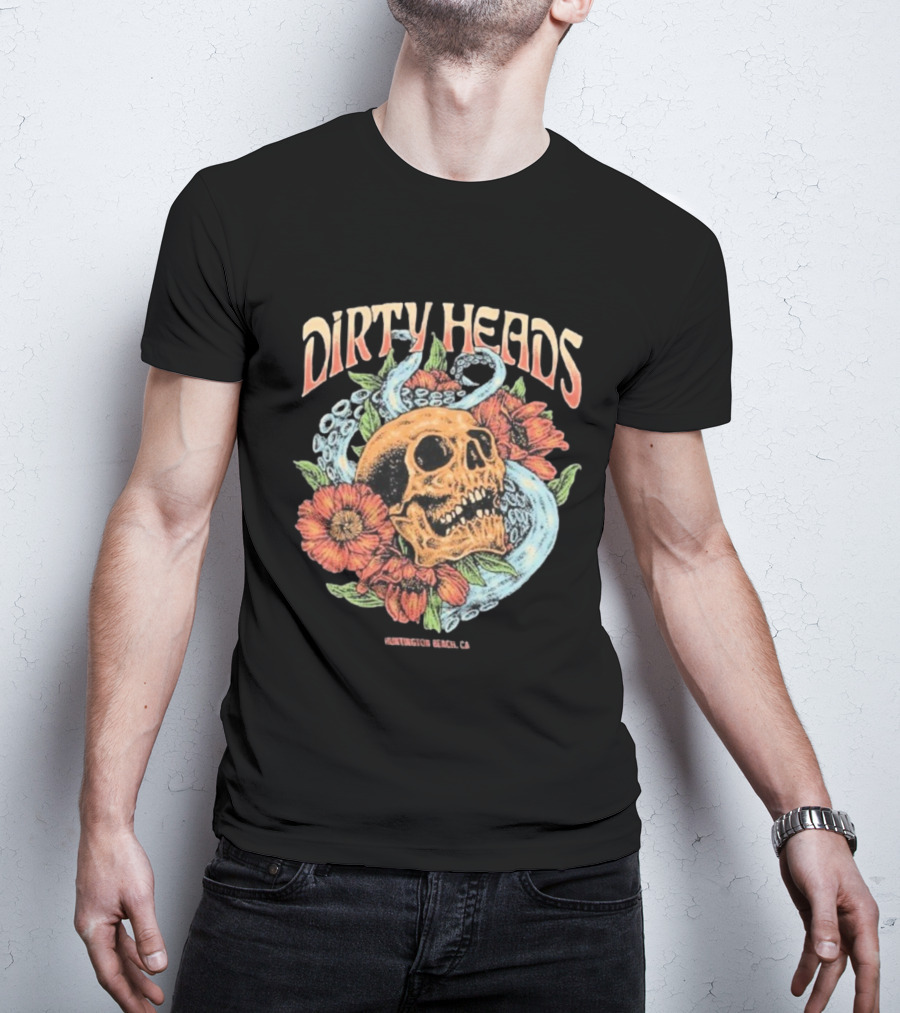 Dirty Heads Huntington Beach CA Skull Octopus Floral T-Shirt