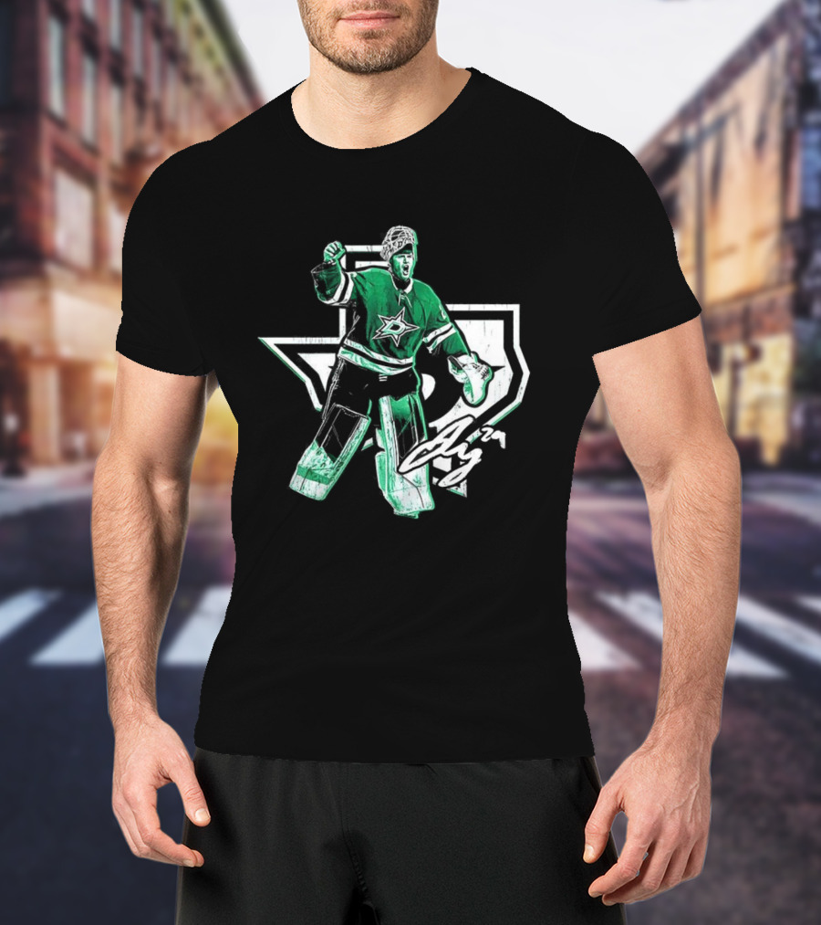 Jake Oettinger Dallas Stars NHL Texas Goalie Iconic Green White Gear T-Shirt