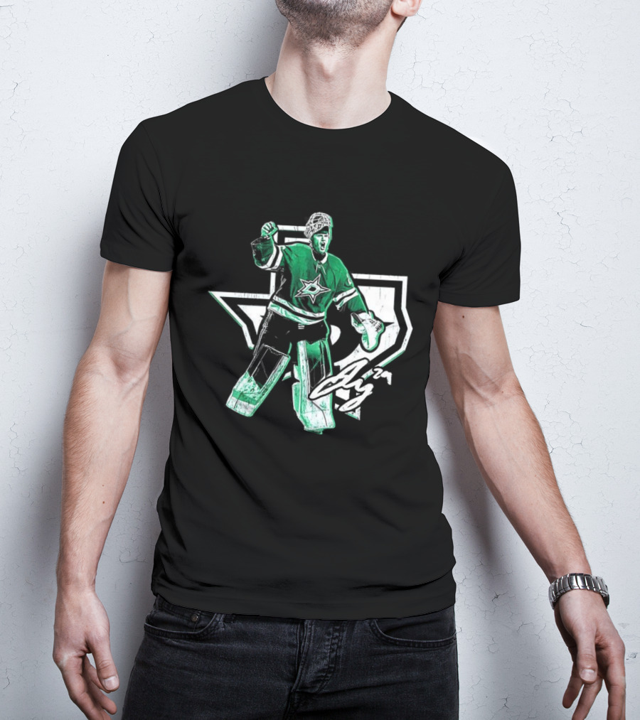 Jake Oettinger Dallas Stars NHL Texas Goalie Iconic Green White Gear T-Shirt