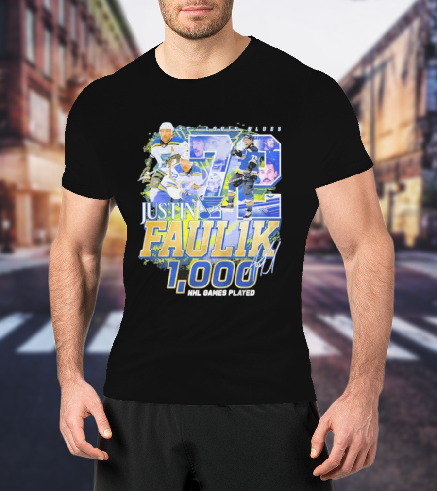 St. Louis Blues Justin Faulk 72 1000 NHL Games Played Signature T-Shirt