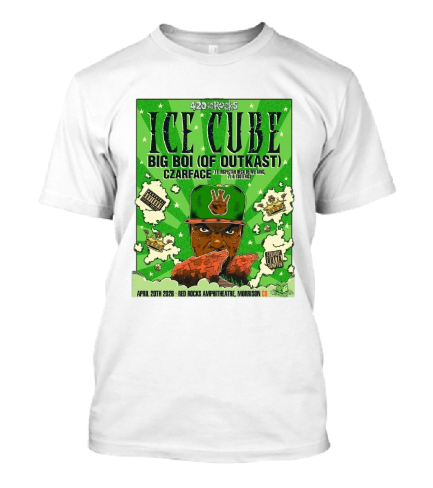 420 On The Rocks Ice Cube Big Boi Of Outkast Czarface Red Rocks Amphitheatre Morrison CO April 20th 2026 T-Shirt