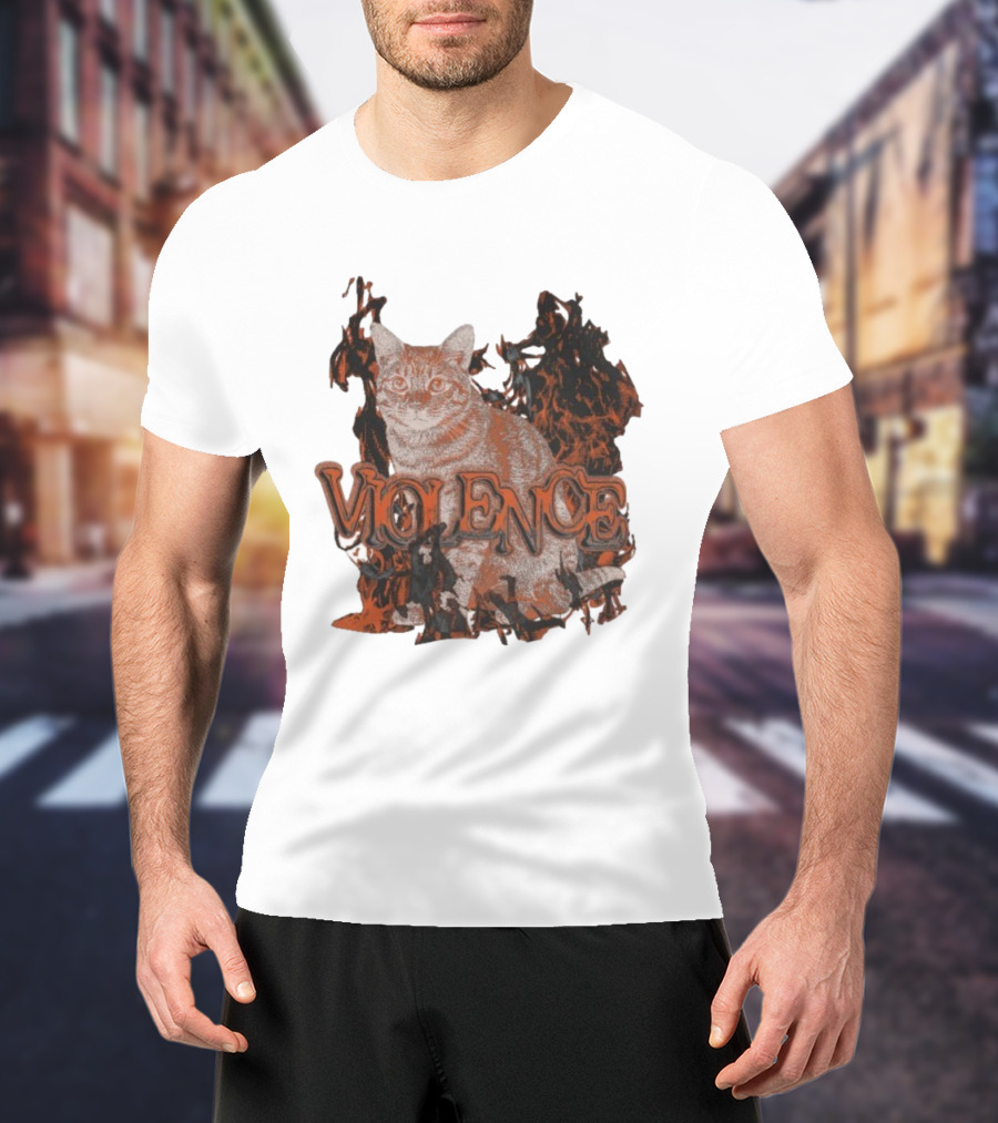 Violence Cat Flames Bold Typography Fiery Graphic T-Shirt