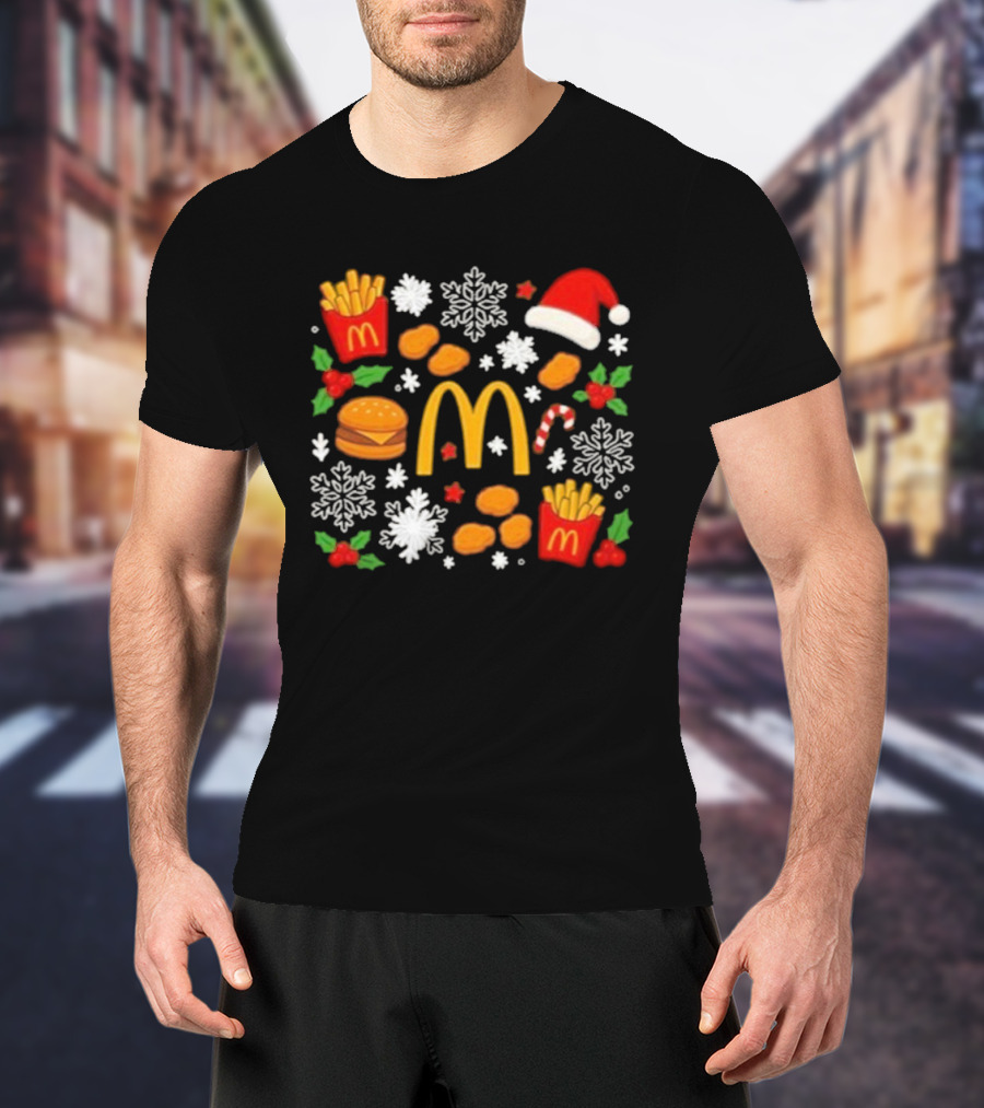 McDonald's Holiday Merry Christmas Fries Nuggets Snowflakes Candy Cane Santa Hat T-Shirt