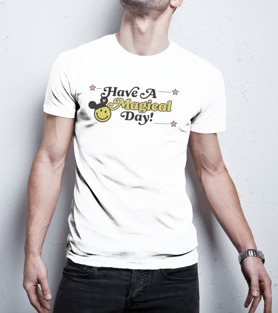 Have A Magical Day Smiley Face With Mouse Ears And Pink Stars T-Shirt