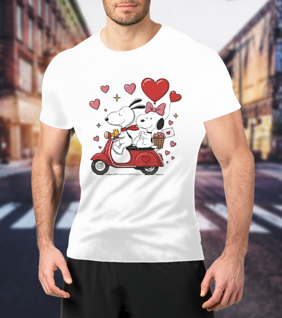 Valentines Day Snoopy Couple Riding Scooter With Hearts And Balloons T-Shirt