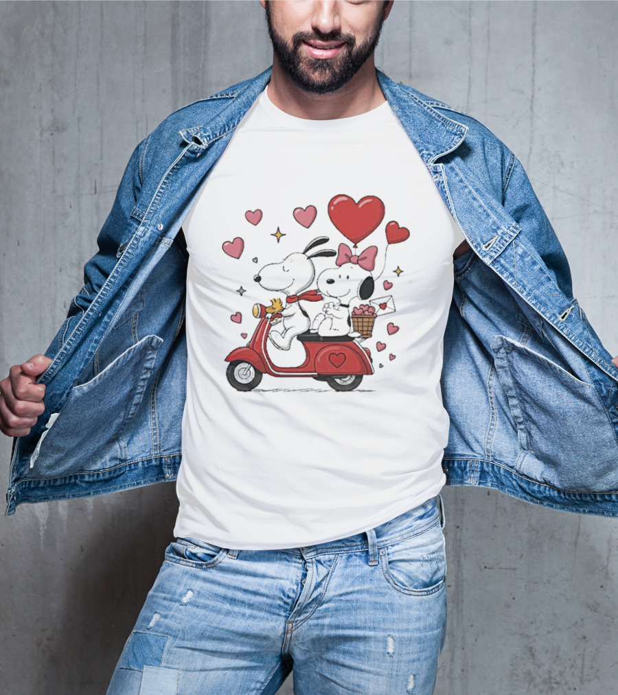 Valentines Day Snoopy Couple Riding Scooter With Hearts And Balloons T-Shirt