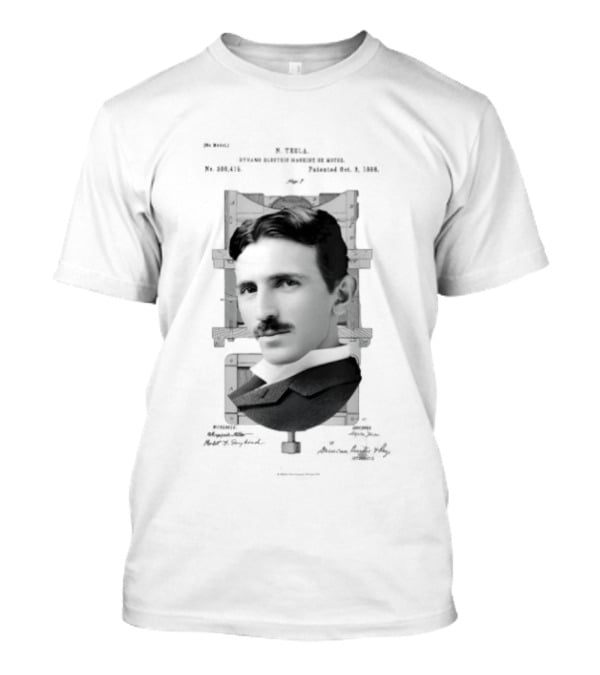 Nikola Tesla Portrait Over Electrical Apparatus Patent Design Image T-Shirt