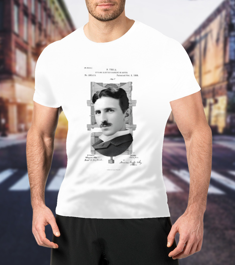 Nikola Tesla Portrait Over Electrical Apparatus Patent Design Image T-Shirt