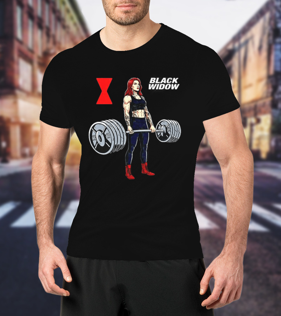 Black Widow Weightlifting Gym Workout Red Hourglass T-Shirt
