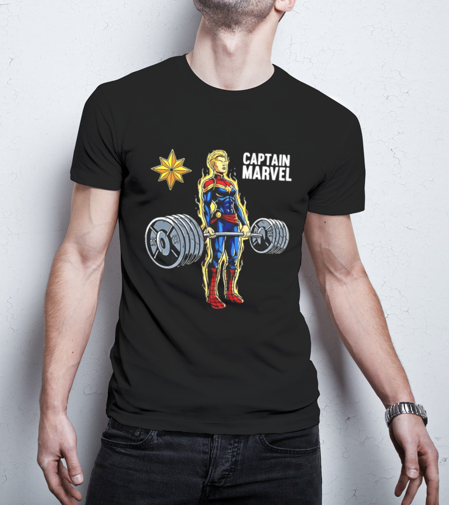 Captain Marvel Lifting Weights Gym Workout Star T-Shirt