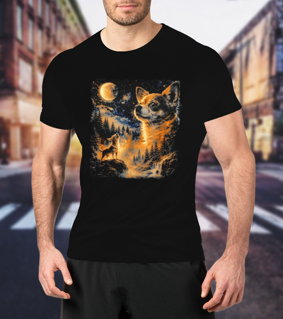 Chihuahua Howling 90s Nostalgia Moonlit Wilderness Scene T-Shirt