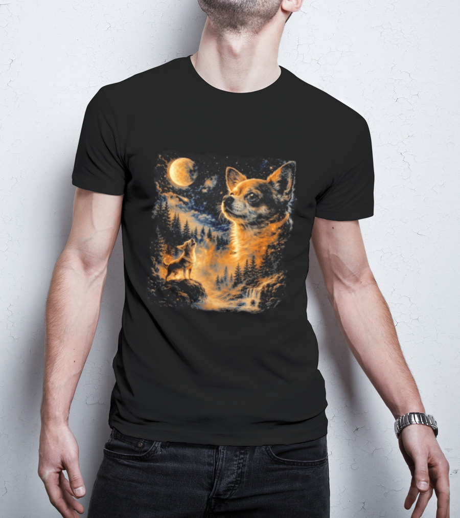 Chihuahua Howling 90s Nostalgia Moonlit Wilderness Scene T-Shirt