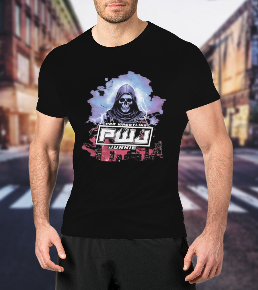 Pro Wrestling PWJ Junkie Skeleton Lightning Cityscape T-Shirt