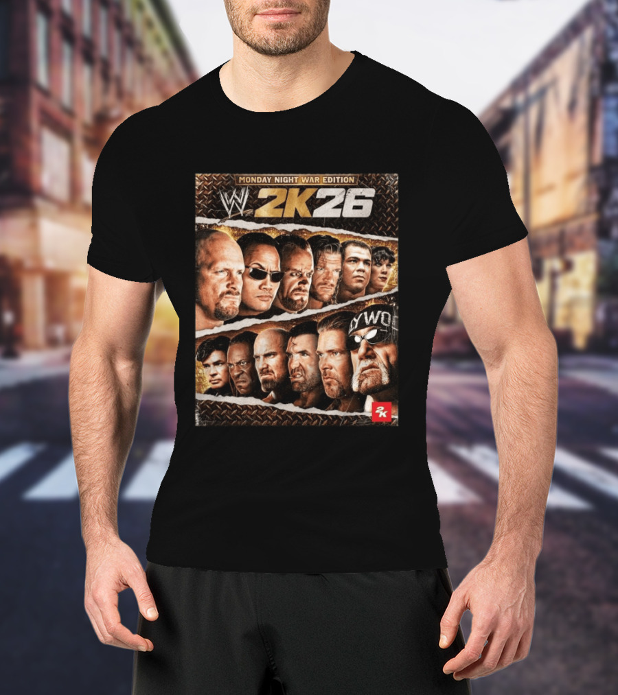 WWE 2K26 Monday Night War Edition Stone Cold Steve Austin Hollywood Hogan The Rock Shawn Michaels Triple H Cover T-Shirt
