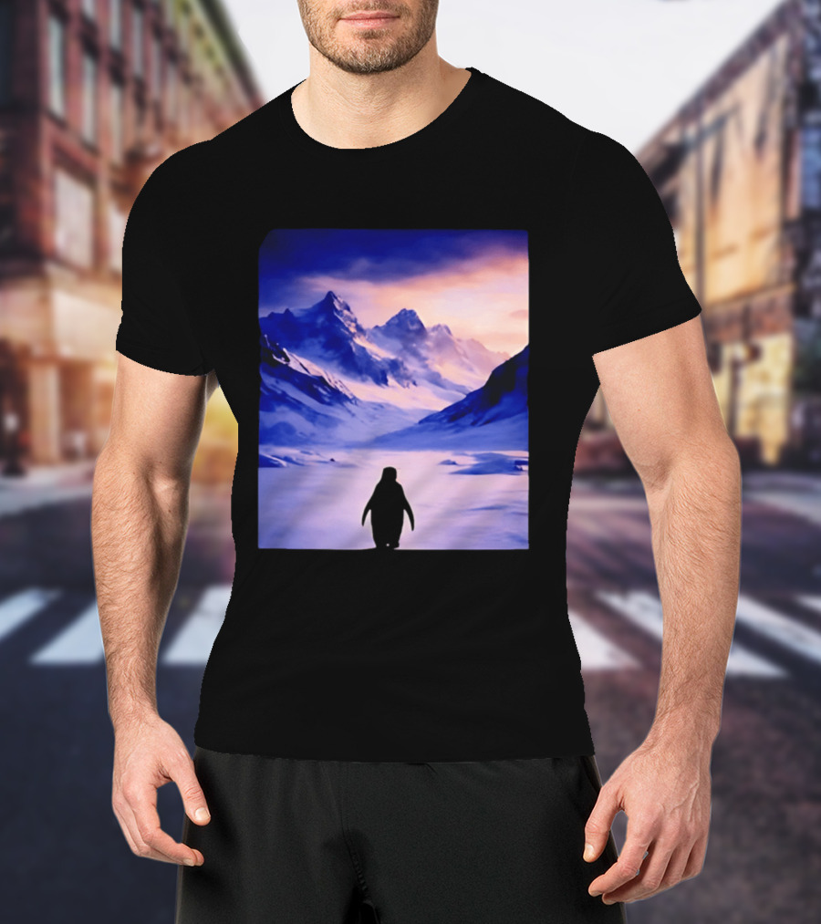 Nihilist Penguin Silhouette In Mountainous Ice Landscape T-Shirt
