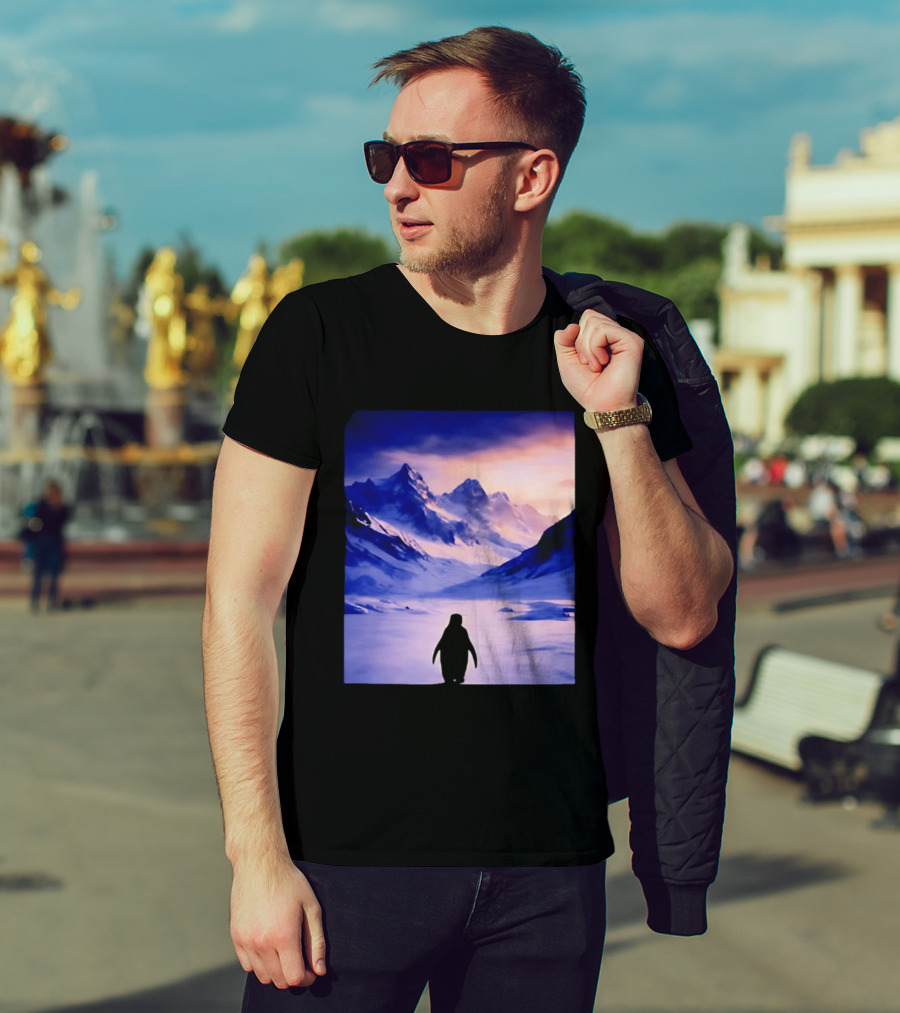Nihilist Penguin Silhouette In Mountainous Ice Landscape T-Shirt