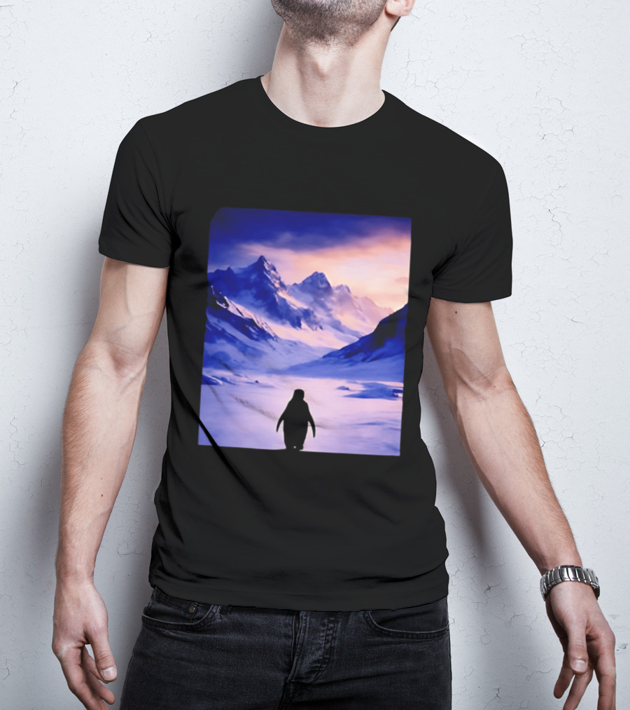 Nihilist Penguin Silhouette In Mountainous Ice Landscape T-Shirt