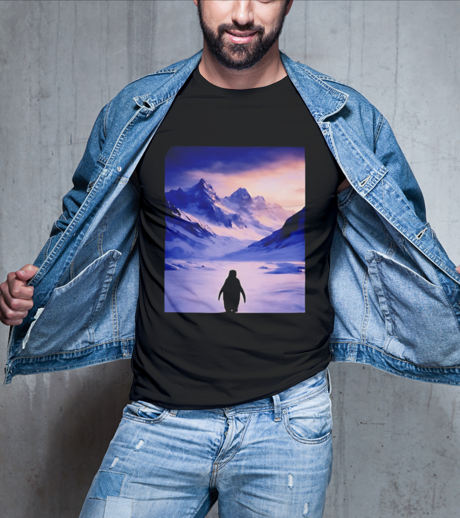 Nihilist Penguin Silhouette In Mountainous Ice Landscape T-Shirt