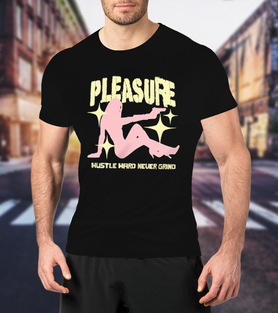 Pleasure Hustle Hard Never Grind Pink Silhouette With Stars T-Shirt