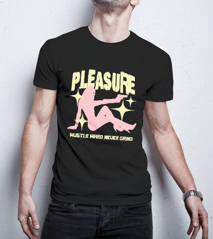 Pleasure Hustle Hard Never Grind Pink Silhouette With Stars T-Shirt