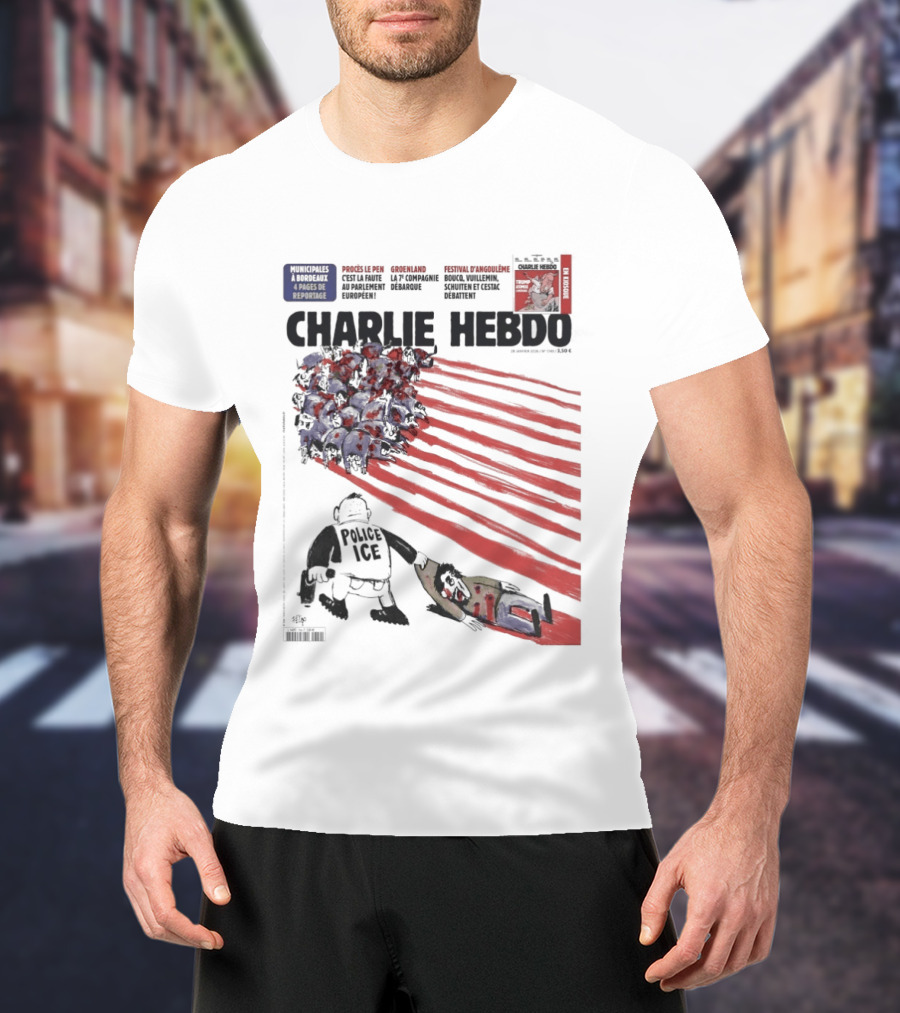 Charlie Hebdo ICE Officer With Flag And Migrant Scene T-Shirt