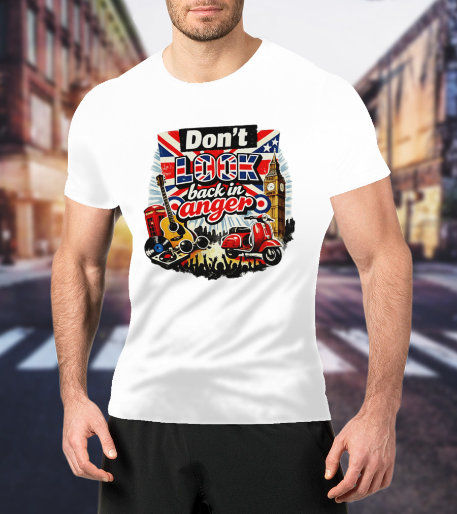 Don't Look Back In Anger UK Flag Vespa Guitar Big Ben Music T-Shirt