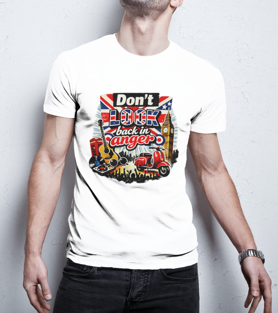Don't Look Back In Anger UK Flag Vespa Guitar Big Ben Music T-Shirt