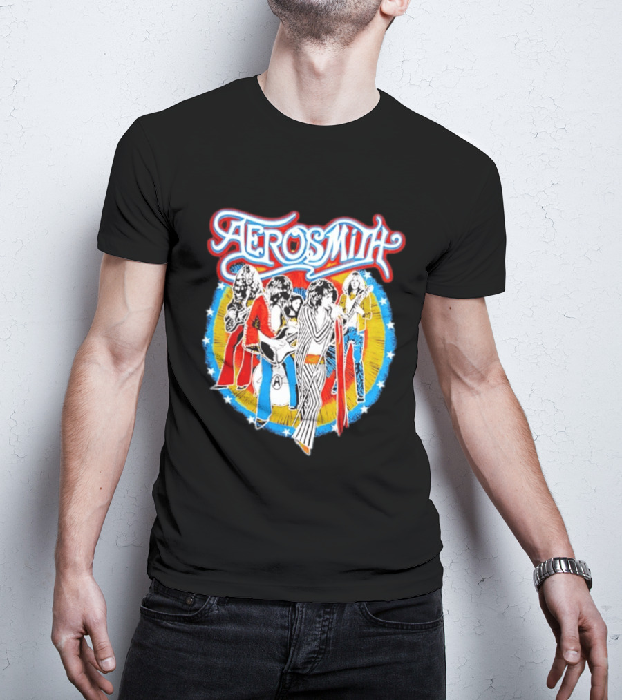 Aerosmith Vintage Band Members Illustration With Stars And Sunburst T-Shirt