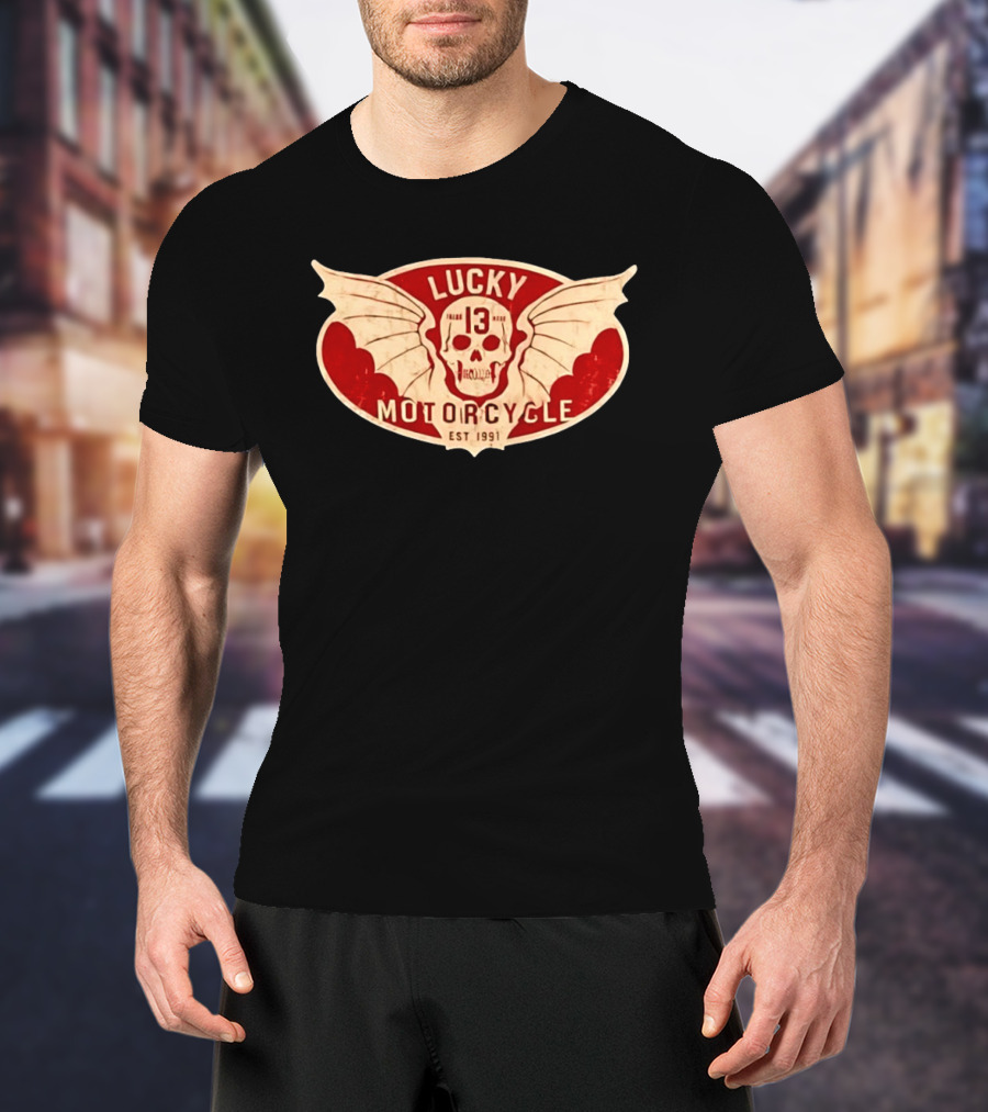 Lucky 13 Motorcycle Winged Skull Est 1991 T-Shirt