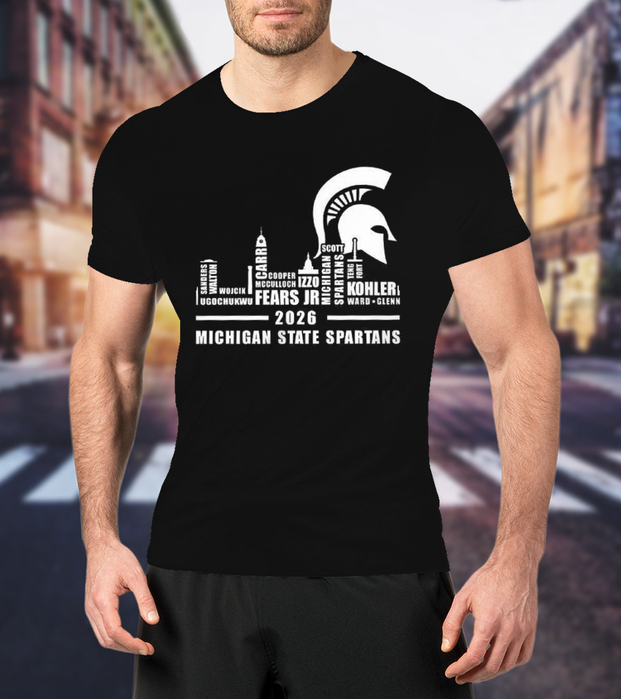 Michigan State Spartans 2026 City Skyline Buildings And Helmet T-Shirt