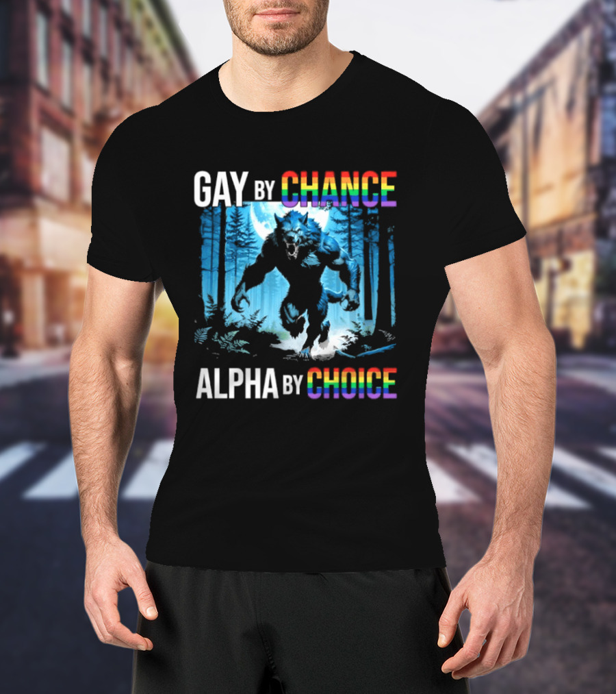 Gay By Chance Alpha By Choice Wolf LGBT Rainbow Forest Moon T-Shirt