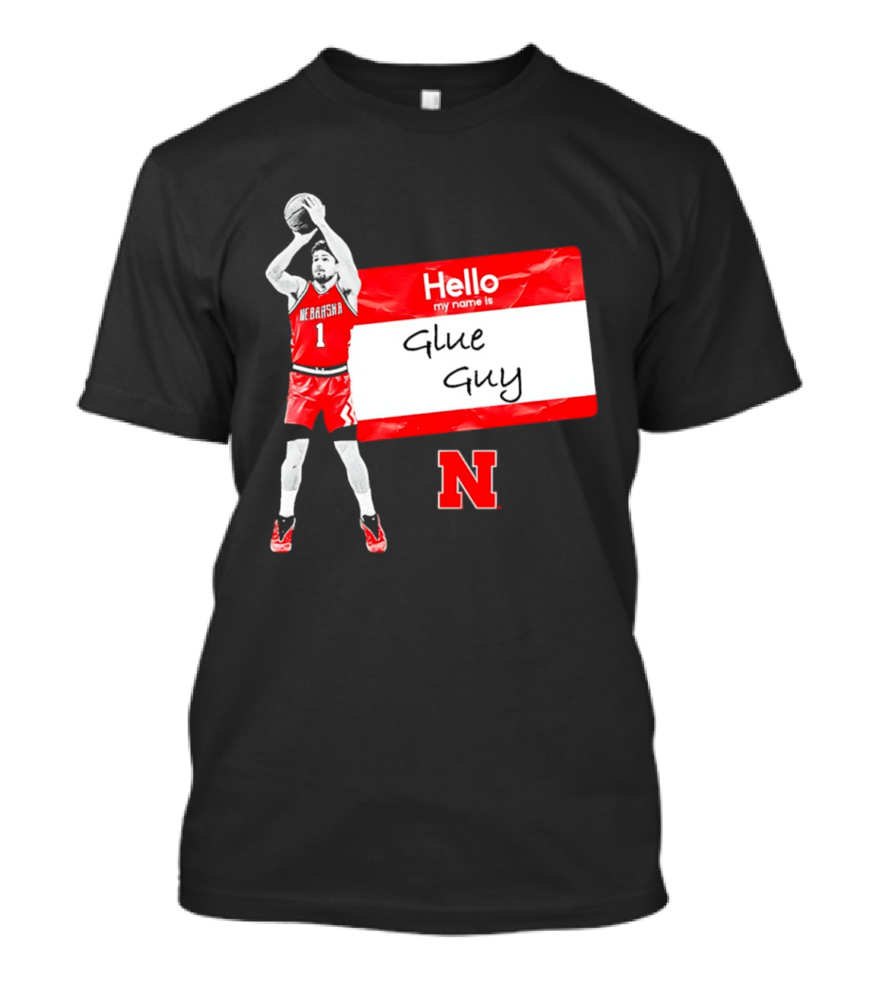 Sam Hoiberg Nebraska Cornhuskers Hello My Name Is Glue Guy T-Shirt