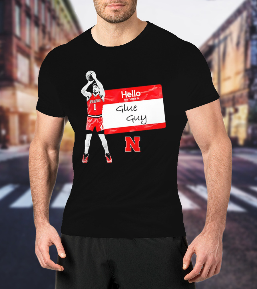 Sam Hoiberg Nebraska Cornhuskers Hello My Name Is Glue Guy T-Shirt