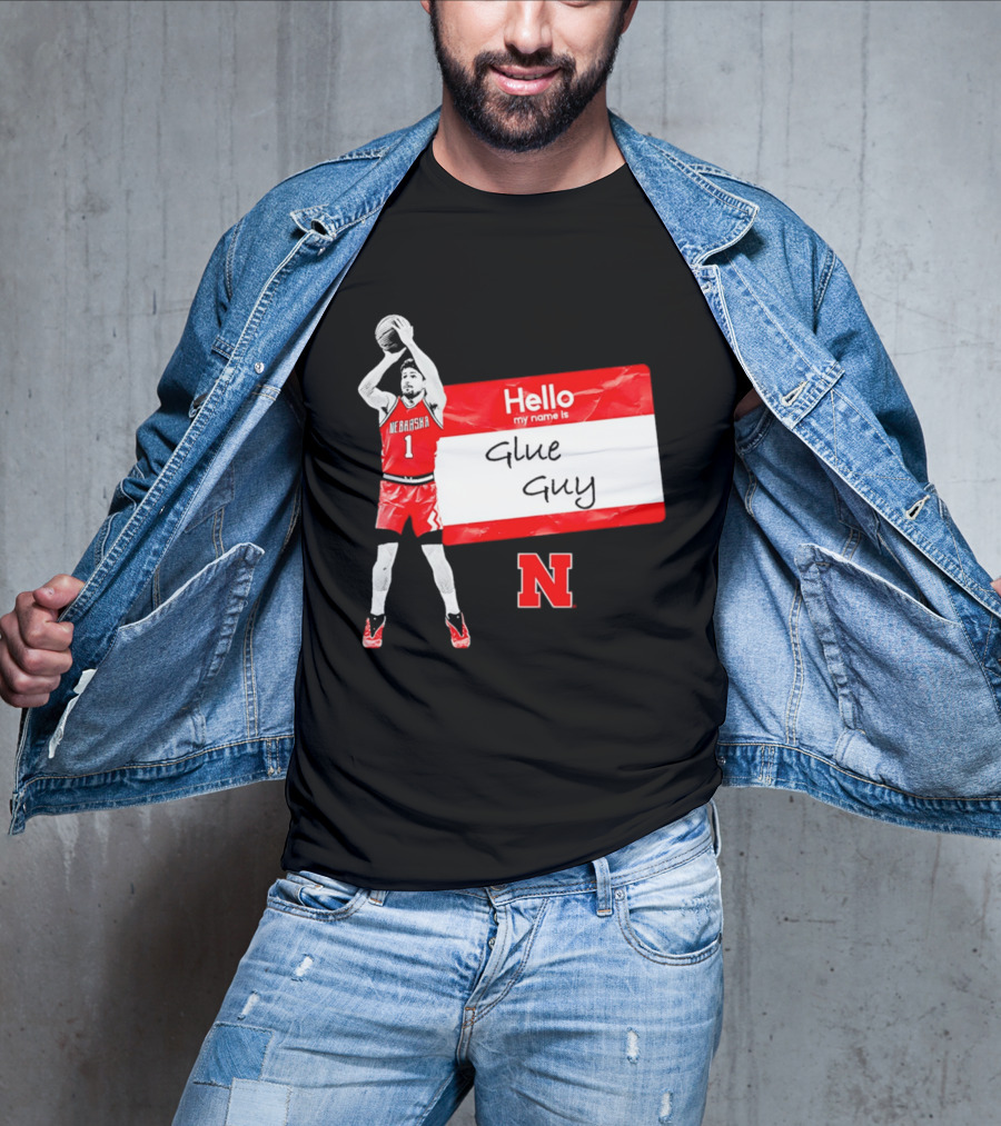 Sam Hoiberg Nebraska Cornhuskers Hello My Name Is Glue Guy T-Shirt