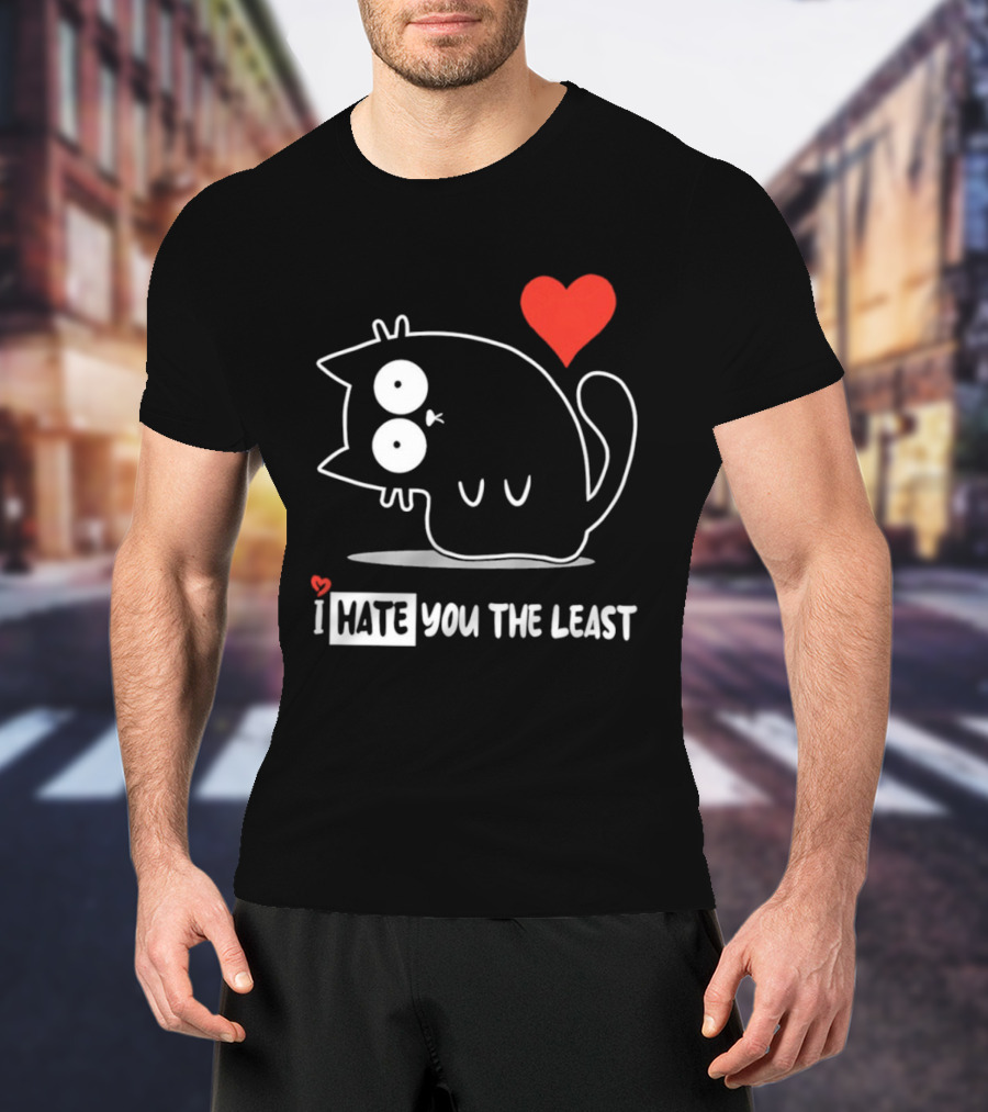 I Hate You The Least Black Cat Cartoon Red Heart Humor T-Shirt